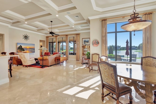 dining room with ceiling fan, beamed ceiling, crown molding, and coffered ceiling