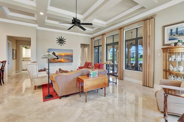 living room with coffered ceiling, ornamental molding, and ceiling fan