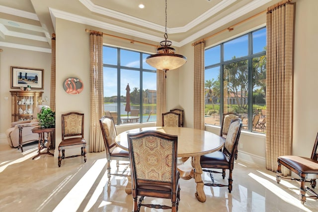 dining room featuring a water view, a raised ceiling, and crown molding