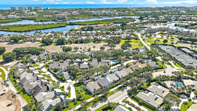 bird's eye view with a water view