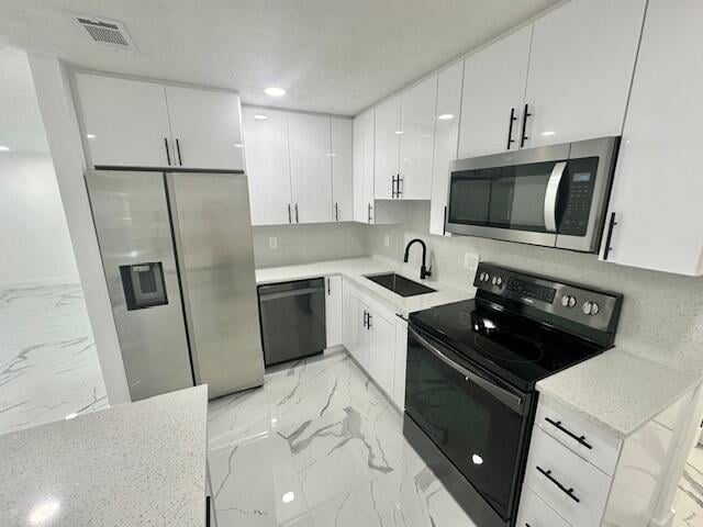 kitchen featuring sink, appliances with stainless steel finishes, white cabinets, and decorative backsplash