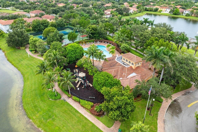 bird's eye view with a water view