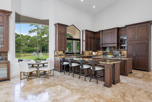 kitchen featuring backsplash, high vaulted ceiling, and plenty of natural light