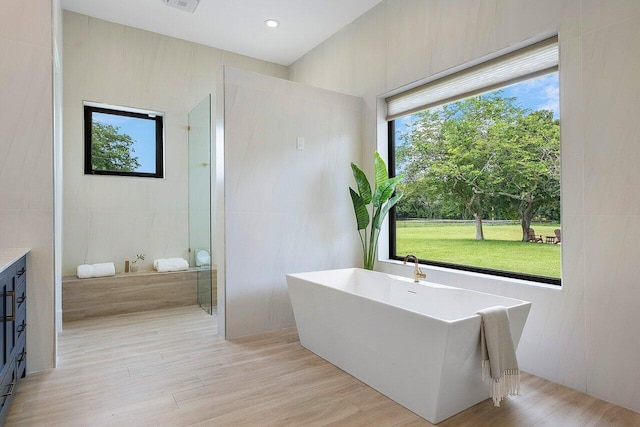 bathroom featuring independent shower and bath, vanity, and hardwood / wood-style flooring