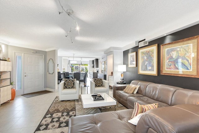 living room featuring crown molding, a textured ceiling, and light tile patterned flooring