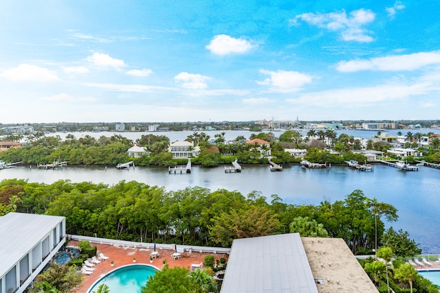 bird's eye view with a water view