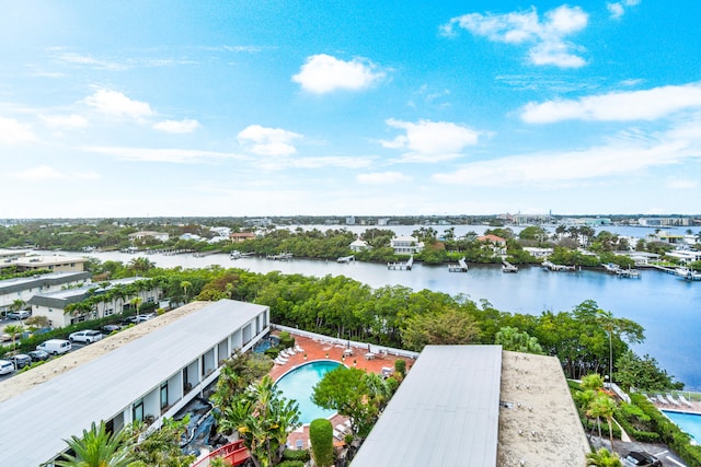 birds eye view of property featuring a water view