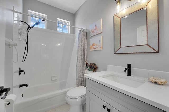 full bathroom featuring tile patterned floors, vanity, shower / bath combo, and toilet