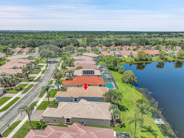 drone / aerial view featuring a water view