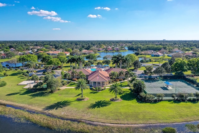 drone / aerial view with a water view