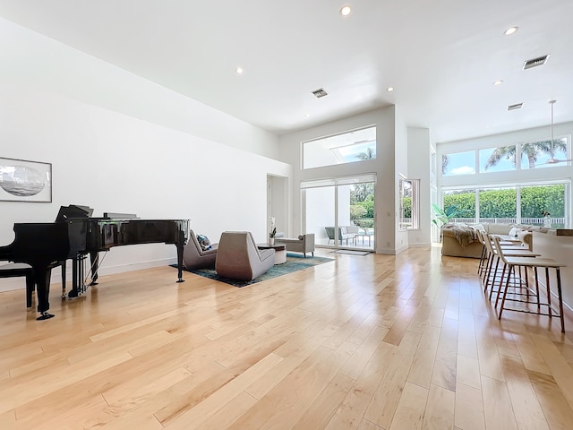 living room featuring light hardwood / wood-style flooring and a high ceiling