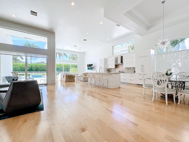 living room with a towering ceiling, light hardwood / wood-style flooring, plenty of natural light, and sink