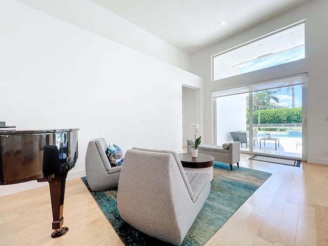 living room with hardwood / wood-style floors and a high ceiling