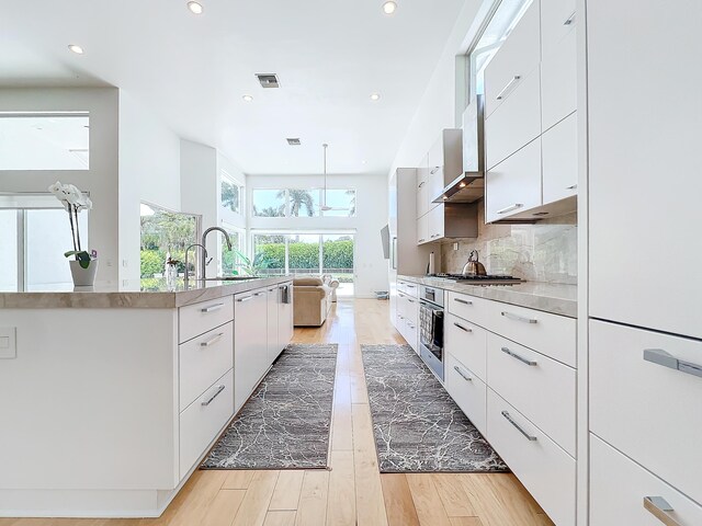 kitchen featuring tasteful backsplash, wall chimney exhaust hood, white cabinetry, stainless steel appliances, and light hardwood / wood-style floors