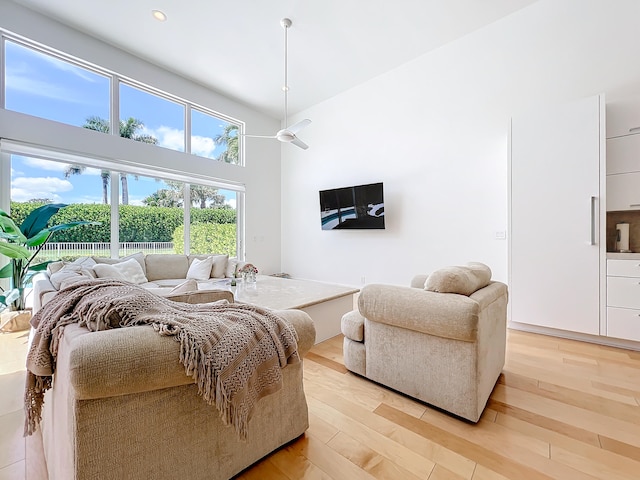 living room featuring light hardwood / wood-style flooring and high vaulted ceiling