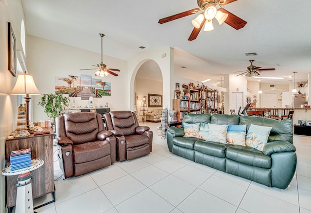 living room with light tile patterned floors and ceiling fan