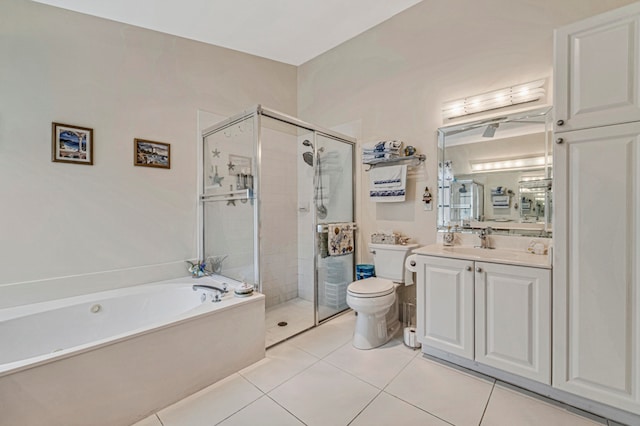 full bathroom with plus walk in shower, tile patterned flooring, vanity, and toilet