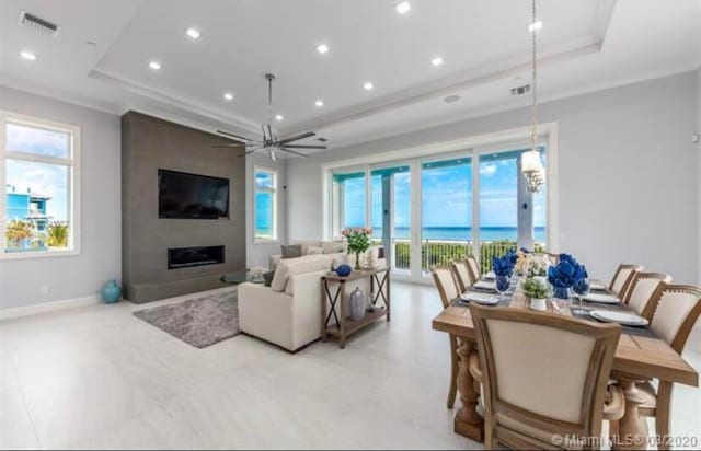 living room with a large fireplace, ceiling fan, a tray ceiling, and a healthy amount of sunlight