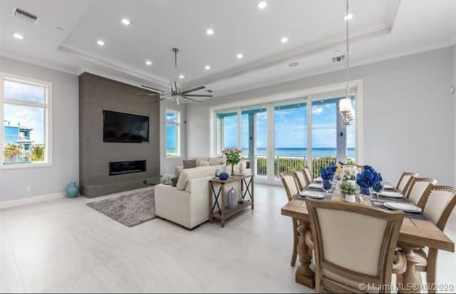 living area featuring a raised ceiling, a fireplace, plenty of natural light, and recessed lighting