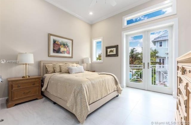 bedroom with access to outside, baseboards, ornamental molding, french doors, and a ceiling fan
