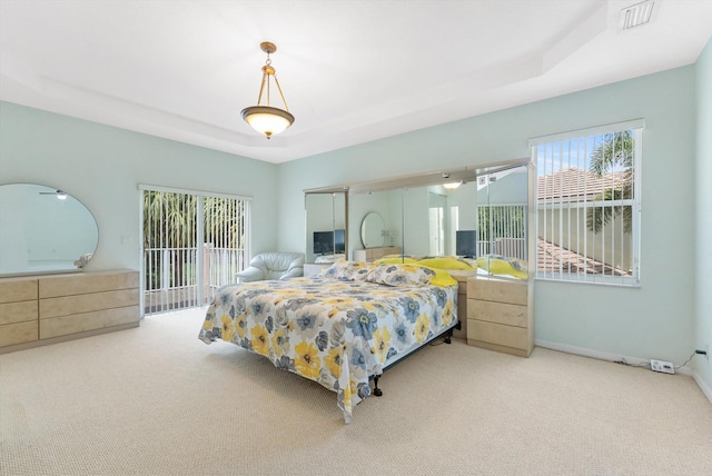 carpeted bedroom with a raised ceiling and access to exterior