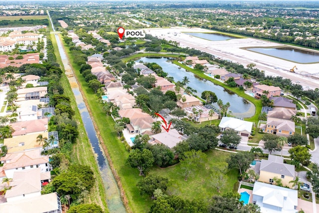 aerial view featuring a water view