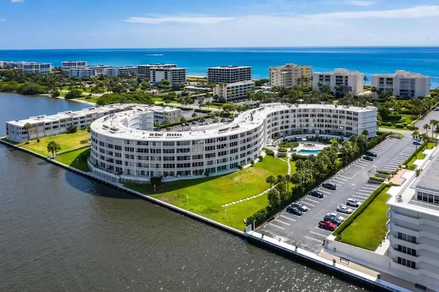 aerial view featuring a water view