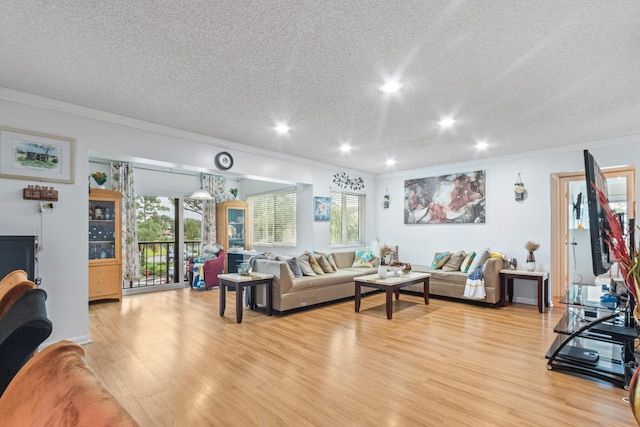 living room featuring crown molding, plenty of natural light, and light hardwood / wood-style floors