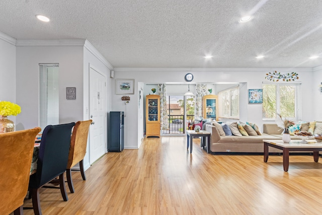 living room with a textured ceiling, crown molding, and light hardwood / wood-style flooring