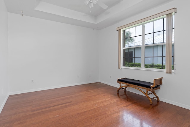 empty room with a raised ceiling, wood-type flooring, and ceiling fan