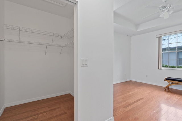 spacious closet featuring wood-type flooring and ceiling fan