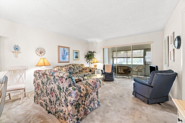 living room featuring a textured ceiling and light colored carpet