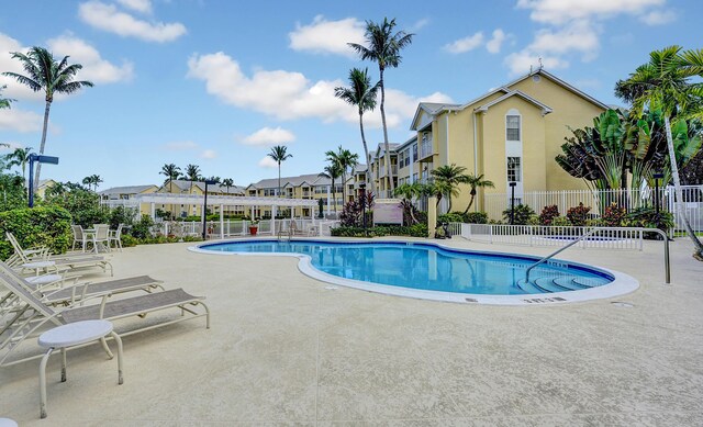 community pool featuring a patio area, fence, and a residential view