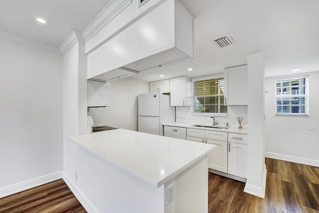 kitchen with white cabinets, ornamental molding, sink, white appliances, and dark hardwood / wood-style floors