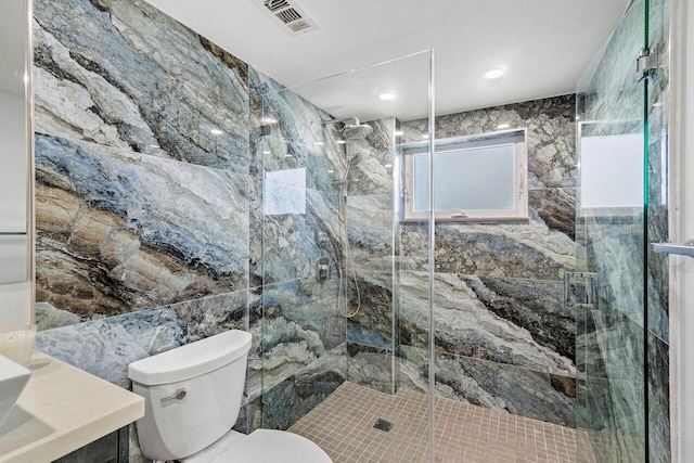 bathroom featuring tile walls, walk in shower, and toilet