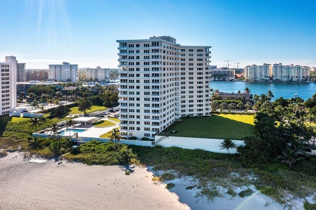 view of building exterior with a water view