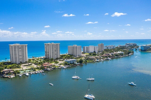 aerial view featuring a water view