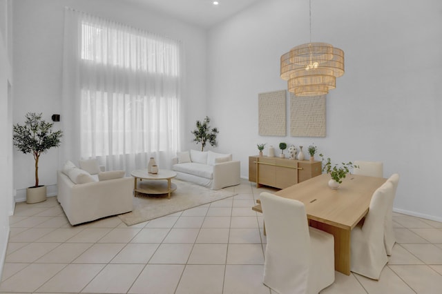 tiled living room with a healthy amount of sunlight and a notable chandelier