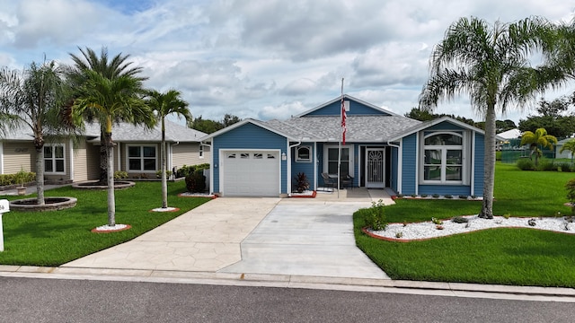 ranch-style house with a garage and a front yard