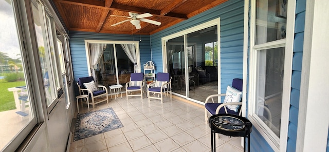 sunroom with wood ceiling, ceiling fan, and beamed ceiling