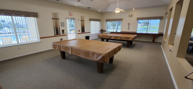 rec room featuring billiards, a high ceiling, ceiling fan, and carpet floors