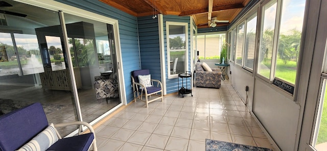 sunroom / solarium with wood ceiling, beamed ceiling, plenty of natural light, and ceiling fan