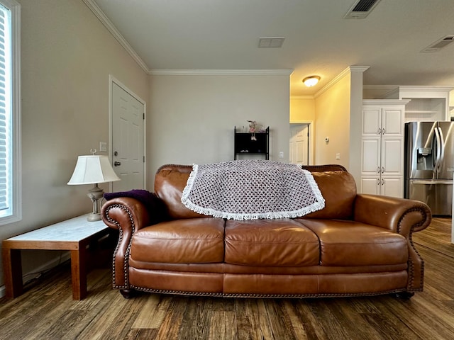 living room featuring crown molding and dark wood-type flooring