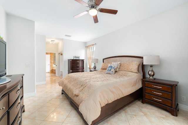 bedroom with light tile patterned floors, visible vents, baseboards, and a ceiling fan