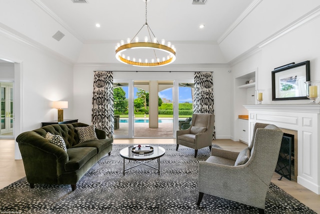 living room with french doors, ornamental molding, an inviting chandelier, and light wood-type flooring