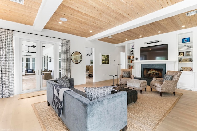 living room featuring french doors, wood ceiling, beamed ceiling, and light wood-type flooring