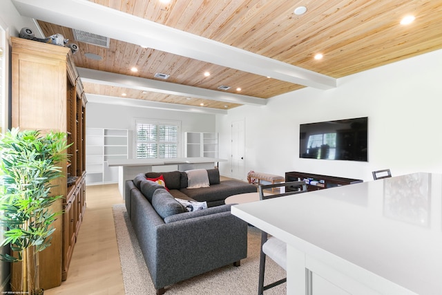 living room with light hardwood / wood-style flooring, beamed ceiling, and wooden ceiling