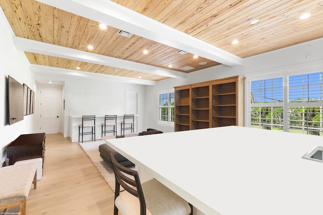 dining space with beam ceiling, wooden ceiling, and light wood-type flooring