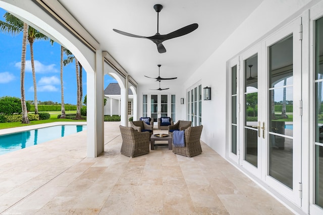 view of patio / terrace with french doors, outdoor lounge area, and ceiling fan