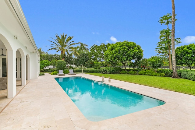 view of pool with a yard and a patio area